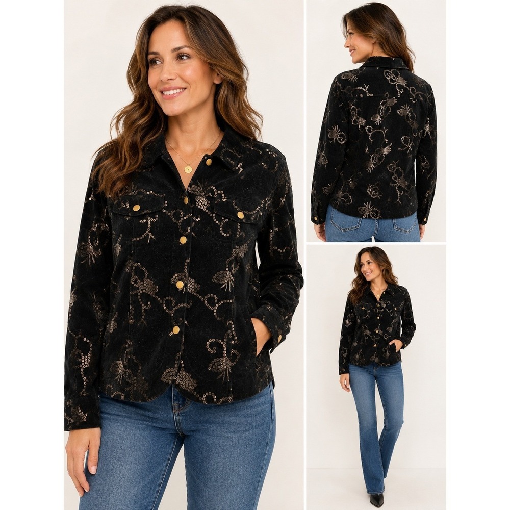 Bamboo Traders Jacket Womens Large Black Velvet Sequin Floral Snap Front Lined